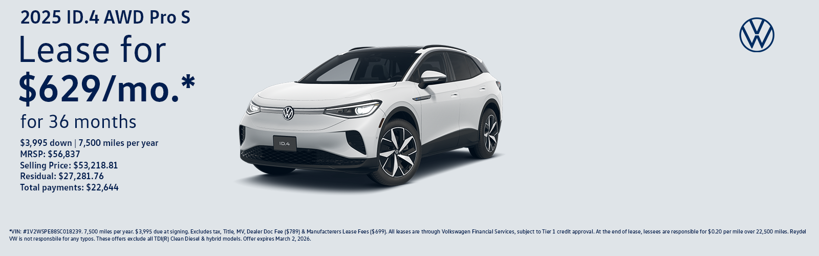NJ Dealer New 2025 Volkswagen ID.4 PRO S AWD Lease Special