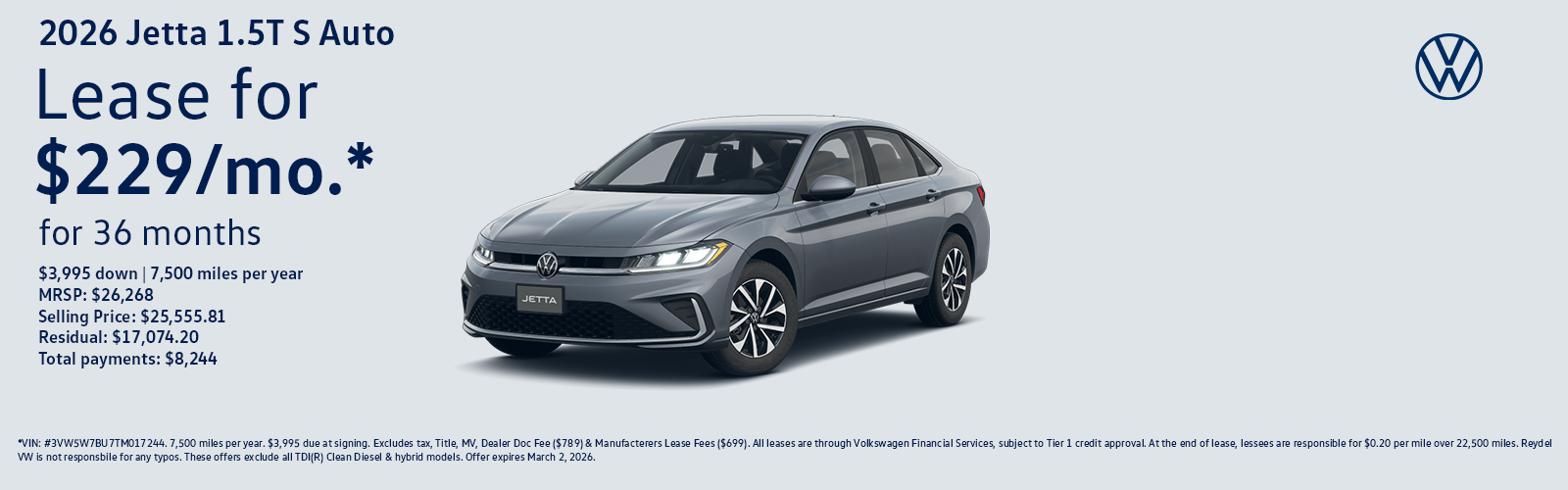 New 2025 Volkswagen Jetta S Auto Lease Special