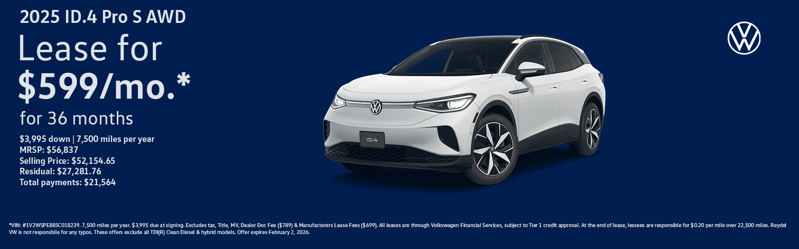 NJ Dealer New 2025 Volkswagen ID.4 PRO S AWD Lease Special
