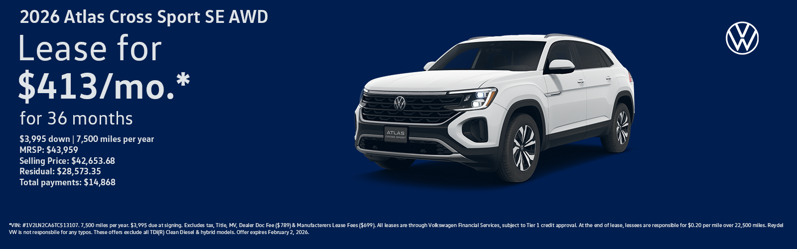 New 2026 Volkswagen Atlas SE AWD Lease Special