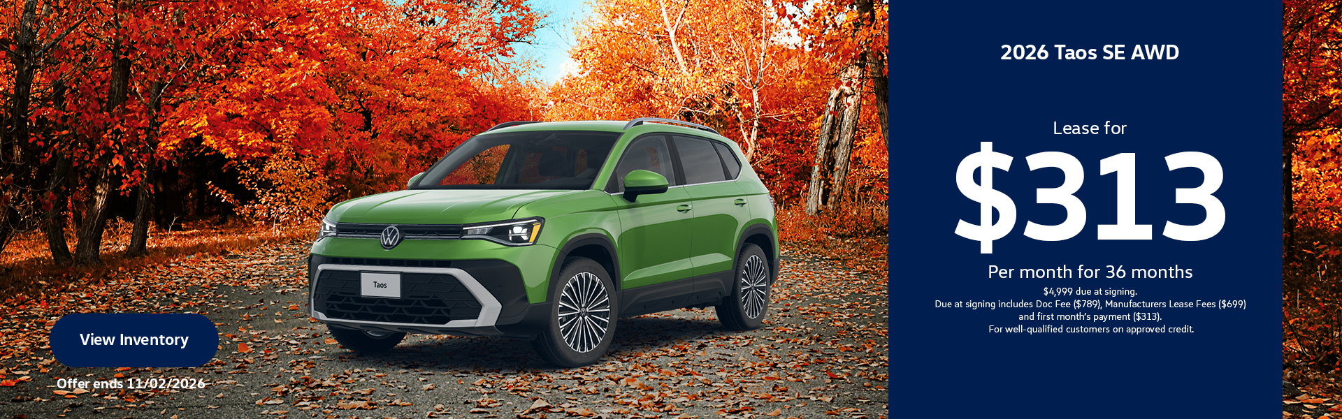 New 2026 Volkswagen Taos SE AWD October Lease Special.